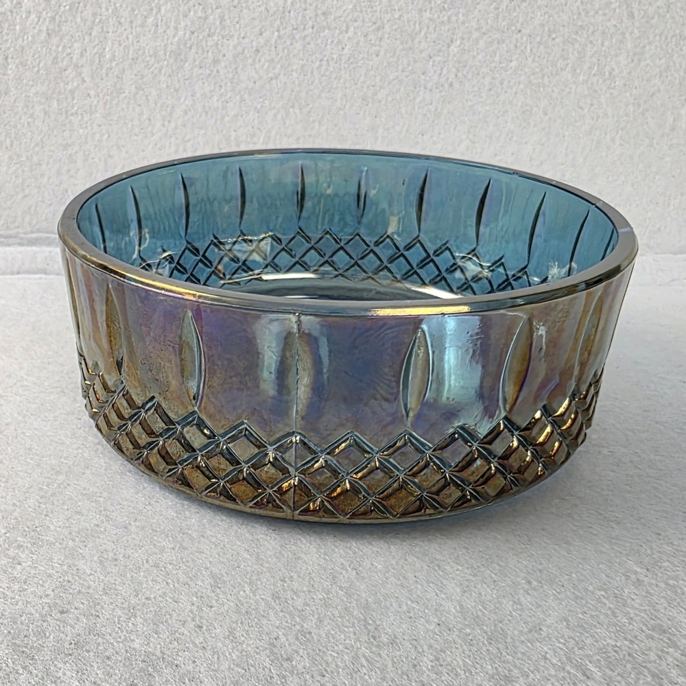 Vintage Blue Carnival Glass Iridescent Bowl Diamond Lattice Starburst 6 Inch